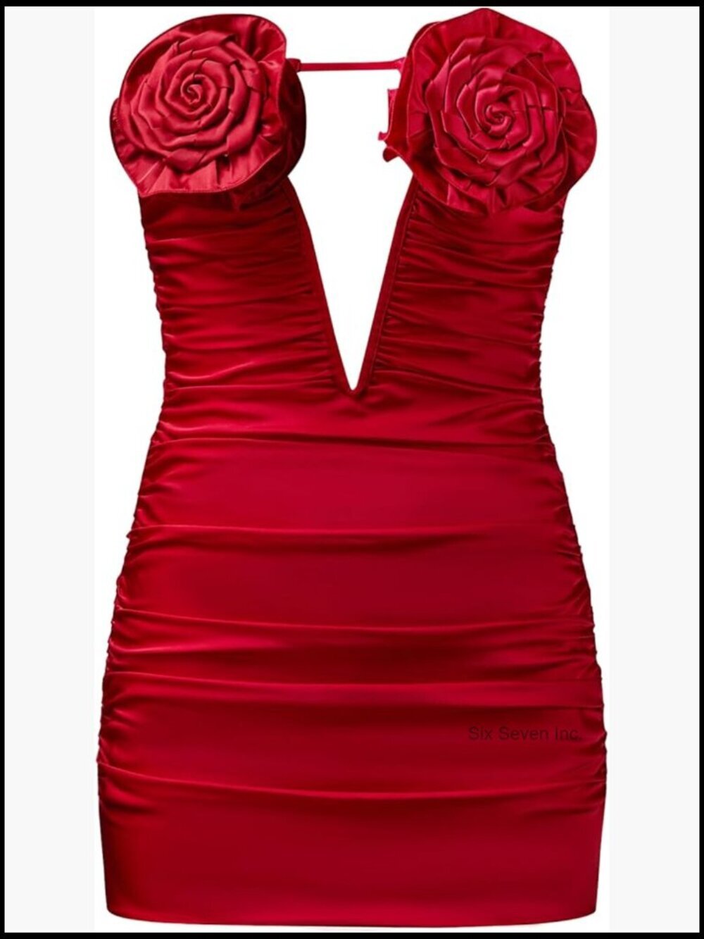 Bodycon V-Neck Sleeveless Mini Dress with Floral Applique and Ruched Detail